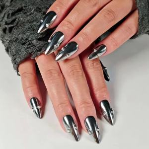 10pcs Handmade Silver Rhinestone Press on Nails Almond Long Full Cover Wearable Reusable Shiny Trendy False Nails 2026