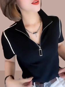 Áo Thun Tay Ngắn Cổ Polo Màu Đen Đơn Giản Cho Nữ Mùa Hè 2025 Áo Thun Thời Trang Cổ Polo Nửa Khóa Kéo Dài Vừa Vặn
