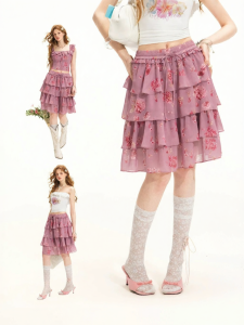 Unifree | Pink Floral Chiffon Tiered Skirt
