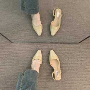 Leather Low-Heeled Pointed-Toe Womens Sandals French Style Fashionable Flat Heel Open-Toe Slip-On Summer Shoes for Young Women