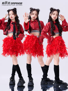 ชุดเต้นรำสไตล์จั๊มสูทสีแดง กระโปรงสั้นขนสัตว์ แฟชั่นเด็กผู้หญิง ชุดการแสดงเด็ก ชุดเดรสแบบสวมหัว เดรสแฟชั่นเด็ก