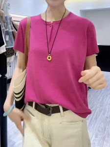 UYFY | Pink Knitted Half Open Collar Short Sleeve T-Shirt Womens Stylish Summer Fashionable Versatile Top Uyfy Commute Style Thin