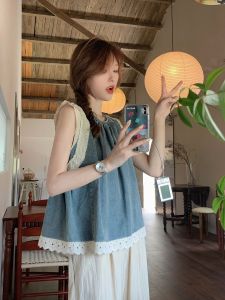 French Style Lace Splice Loose Summer Shirt Womens Vintage Sleeveless Doll Shirt Commute Style Pure Color Backless Design