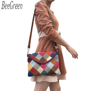 Qulited กระเป๋าสะพายไหล่ Multicolor จริงหนังกระเป๋าแบบฝาเปิดสําหรับผู้หญิงคลาสสิกซองกระเป๋าสะพายกระเป๋าสะพายไหล่ BeeGreen แฟชั่น
