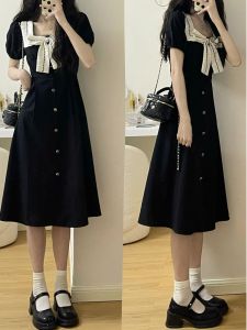 French Sweet Butterfly Knot Dress Womens Summer plus Size Waist Cinching Hepburn Style Korean Version Pear Shaped Body Skirt