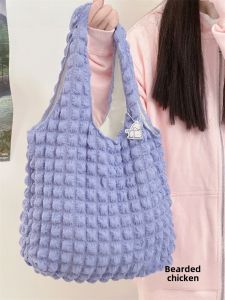 Korean Style Canvas Tote Bag Womens Shopping Bag Bubble Shoulder Handbag Casual Pure Color Soft Polyester Bag for Youth