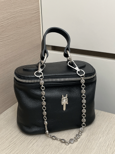 Black Leather Makeup Bag Womens Handbag Crossbody Chain Box Bag Commuter Versatile Soft Cowhide Large Capacity Pure Color