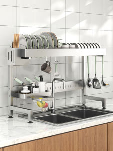 Kitchen Sink Disinfecting Rack Expandable Dish Draining Shelf Storage Organizer for Bowls And Plates Stainless Steel Material