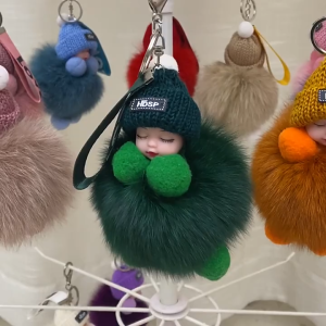 WHPHous Pompom Sleeping Baby Keychain Cute Fluffy Plush Doll Keychains