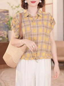 QINGNAER | Slimming Big Size Short Plaid Shirt for Petite Women