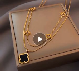 Kalung Titanium Wanita Plus Liontin 2Layer Clover Aksesoris Perhiasan Terbaru 2023