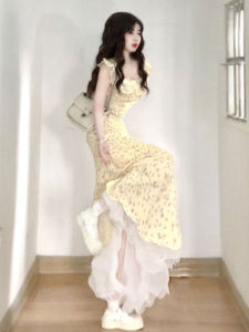 CHANGTONG | French Style Floral Strappy Slim Fit Long Dress