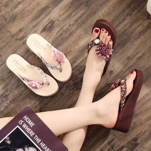 QIAOHUI | Summer Flip Flops Sandals Wedge Thick Sole Floral Design