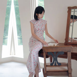 MJJ Summer Autumn Vintage Artistic Cotton Linen Cheongsam Mid-Length Sleeveless Dress with Side Zipper Floral Print Daily Wear