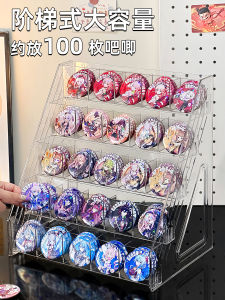 จัดระเบียบชั้นวางของอะคริลิกแบบบันไดสำหรับจัดแสดงการ์ดขนาดเล็ก ชั้นวางของพื้นสำหรับสิ่งเล็กๆ น่ารักหลายชั้น ช่องเก็บข้าวโพด