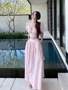 Pink Short Sleeve Womens Dress Set High Waist A-Line Skirt Commute Style Korean Version Cotton Summer Princess Gown