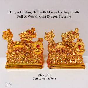 Fengshui Pair of Dragon Holding Ball with Money Bar Ingot with Full of Wealth Coin Dragon Figurine Ornament