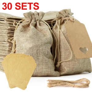 30Sets High Quality Linen Drawstring Gift Bags With Label Reusable Linen Bags for Weddings Party Gifts Jewelry Christmas Craft