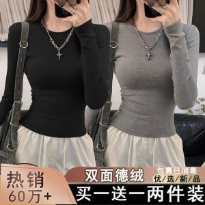 Fat Sister Retro Dralon Thermal Bottoming Shirt Female Chubby Girl Plus Size Womens Clothing Fancy Fleece-lined Slim Fit Long-Sleeved T-shirt