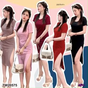 TW20575 เดรสคอกลม แขนสั้น ผ้ายืดร่อง