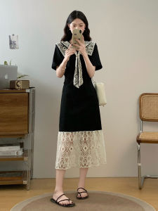 French Lace Splice Short Sleeve Dress Womens Summer Popular plus Size Conceal Belly Long Dress A-Line Korean Style round Neck