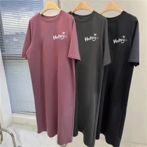 Women Casual Happy Letter Print T Shirt Dress Short Sleeve Loose Oversized Side Split Summer Maxi Long Dress