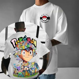 Pokémon Animationอนุพันธ์Ash Ketchum Pikachuพิมพ์เสื้อยืดผู้ชายผู้หญิง2025ฤดูร้อนหลวมผ้าฝ้ายStreet Trendแบรนด์Top