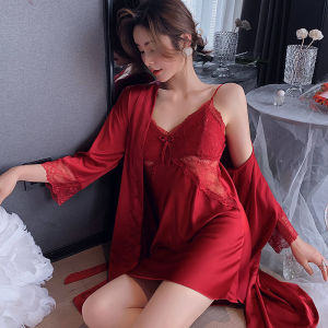 ชุดนอนผู้หญิงผ้าไหมบางฤดูร้อน ชุดนอนเซ็กซี่สองชิ้น ผ้าไหมน้ำแข็ง คอวี แขนยาว กระโปรงสั้น ชุดนอนผู้หญิง