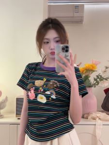 Dopamine Rainbow Stripes Embroidered Waist-Cinching Short Sleeve round Neck Sweet Girl Short Length Slim Fit Top Women T-shirt