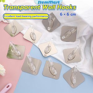 ItemMart Transparent Wall Hooks Hangers Self Adhesive Door Wall Hangers 6 x 6cm Kitchen Bathroom Organizer Holder