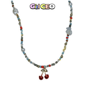 Adorable Cherry Beaded Necklace for Girls Versatile Lockbone Chain Fashion Jewelry Sweet Style Unusual Design Durable Material