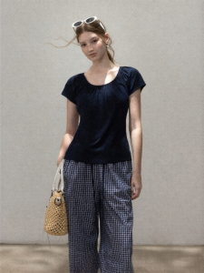 Cantonstory | French Navy U-Neck Waist-Cinching T-Shirt