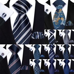 Luxury Navy Royal Blue Mens Tie Hanky Cufflinks Set Jacquard Woven 8cm Necktie for Male Wedding Business Party Accessories Gift