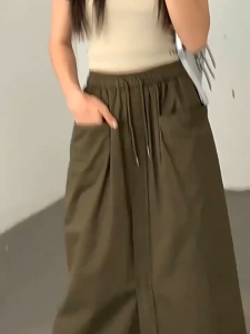 Womens Highwaist Cargo Skirt With Pockage Loose A-line Long Skirt With Slit