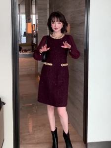 Beaded Lightweight Sheer Sleeve Tweed Waist Cinching Dress