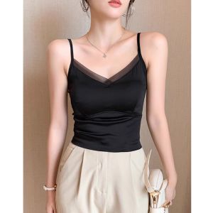 French V-neck Strap Vest Womens Integrated Acetate Satin Drapey Top with Chest Pad Outerwear Beautiful Back Bra Base Layer