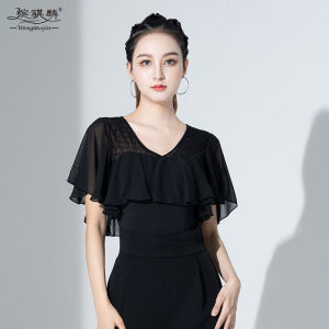 Womens Latin Dance Top Hollow out Short Sleeve Gitterbae Style Dancewear V-Neck Polyester Fabric for Samba Rumba Cha-cha