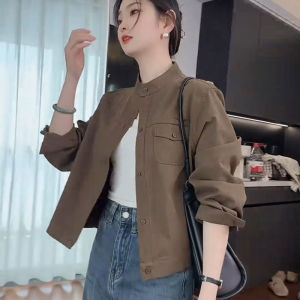 Korean Style Casual Thin Short Jacket Womens Spring Autumn Stand Collar Small Size Workwear Design Top Warm Polyester Fiber