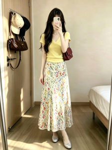 SENWA | Unique Pretty Yellow Summer Skirt Set Floral Print