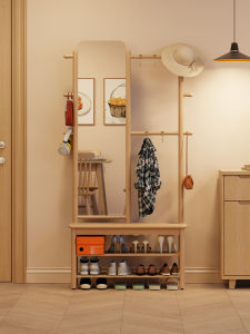 Xiyin Solid Wood Hanger Shoe Changing Stool with Dressing Mirror Integrated Multifunctional Hanger For Home Entrance Coat Rack