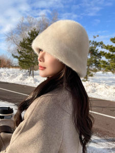 Korean Style Winter Fisher Hat Womens Casual Whole Mink Fur Bucket Hat Warm Face Slimming Soft Comfortable Windproof Hat