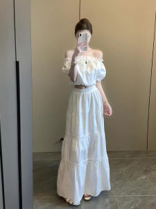 French Sweet Hollow out Top Half Length Skirt Two Piece Set Womens Summer Fashion Princess Style Short Sleeve round Neck