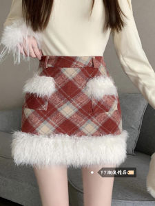 Thickened Wool Plaid High Waist A-Line Mini Skirt Womens Winter Vintage Warm Red New Years Skirts Commute City Scenarios