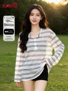 BALENO | Henry Collar Striped Semi-See-Through Long Sleeve T-Shirt for Air Conditioner
