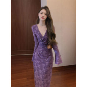 CHANGTONG | French Style V-Neck Waist Cinched Purple Dress