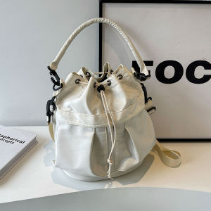 Large Capacity Drawstring Bucket Bag Womens Casual Multi-Pocket Crossbody Light Nylon Bag Commuter Bag Tote Handbag