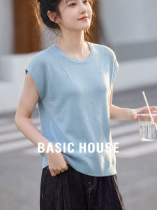 Basic House | Thin Round-neck Short-sleeve Blue Knitwear