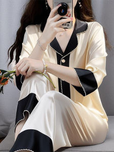 หรูหรา สไตล์ฝรั่งเศส ผ้าไหม ชุดนอน ชุด ผู้หญิง ฤดูใบไม้ผลิ ฤดูใบไม้ร่วง ฤดูร้อน เสื้อผ้าบ้านแขนยาว Premium Thin Ice ผ้าไหม แขนสั้น