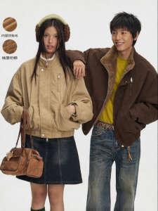 JNXS | Textured Design Autumn Style Stand Collar Cotton Jacket