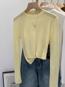 Áo Thun Nữ Dài Tay Ôm Vừa Vặn Mùa Thu 2025 Áo Thun Nữ Cổ Tròn Màu Trơn Phong Cách Công Sở Hàn Quốc Thường Ngày